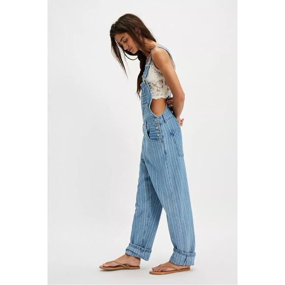 Free People Ziggy Striped Overalls Beachcomber Railroad Bohemian Coastal Medium - Picture 7 of 13